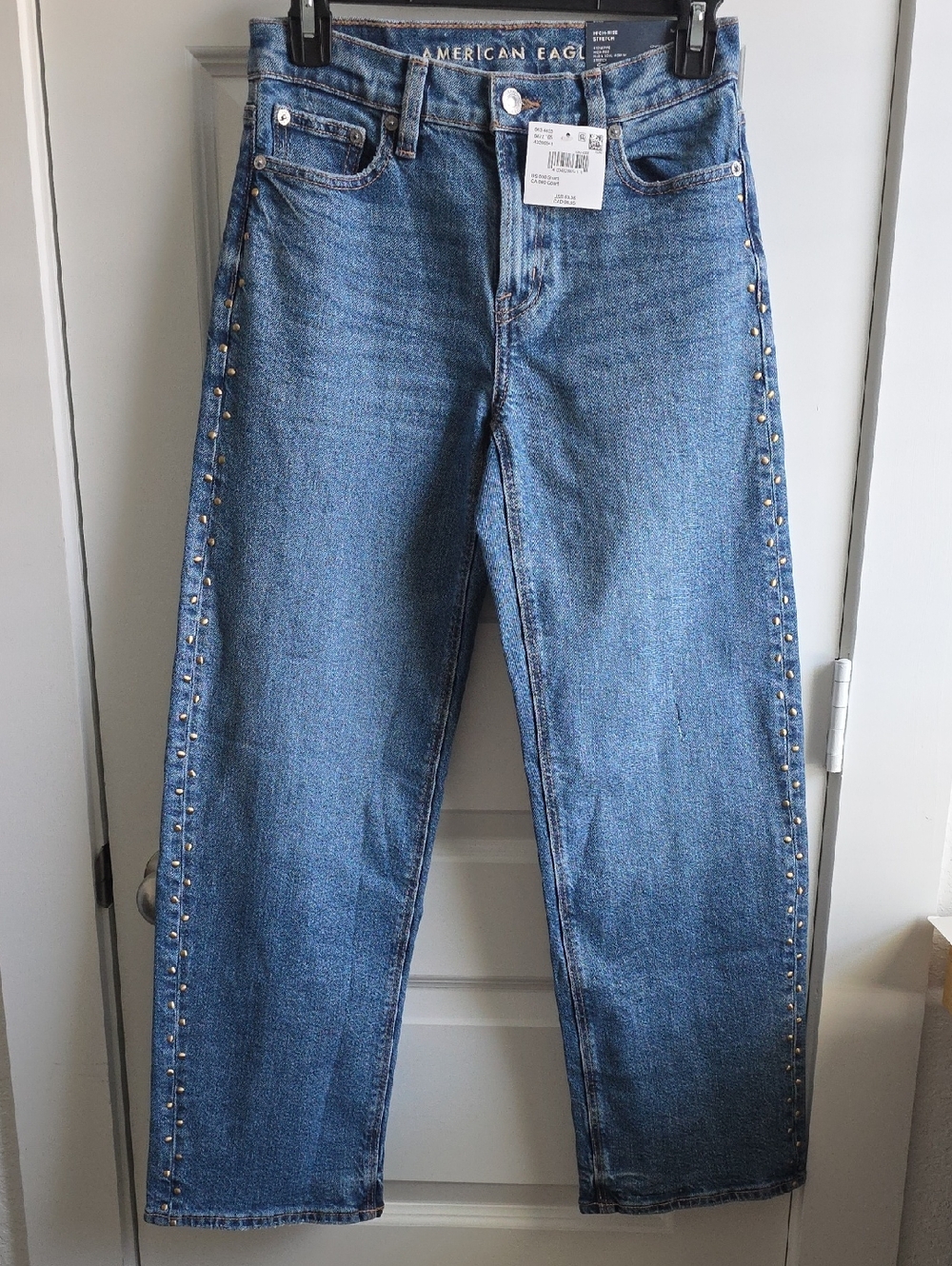 American Eagle High Rise Stovepipe Stud-Trim Straight Jeans Size 000 G038